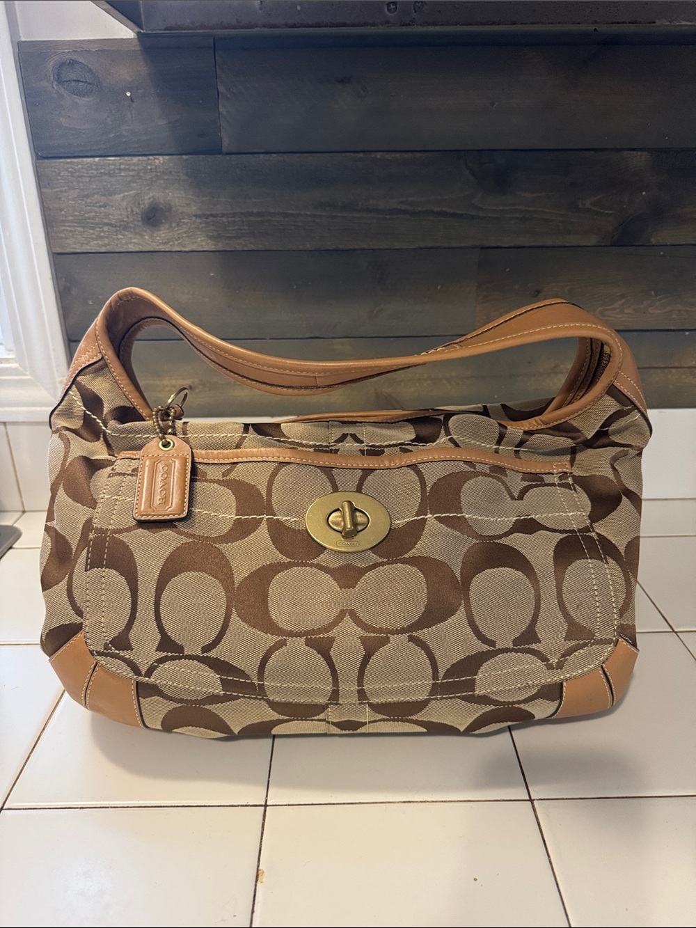 Y2K Vintage Coach Signature Ergo Turnlock Hobo Shoulder Bag Brown Tan MO865-1076